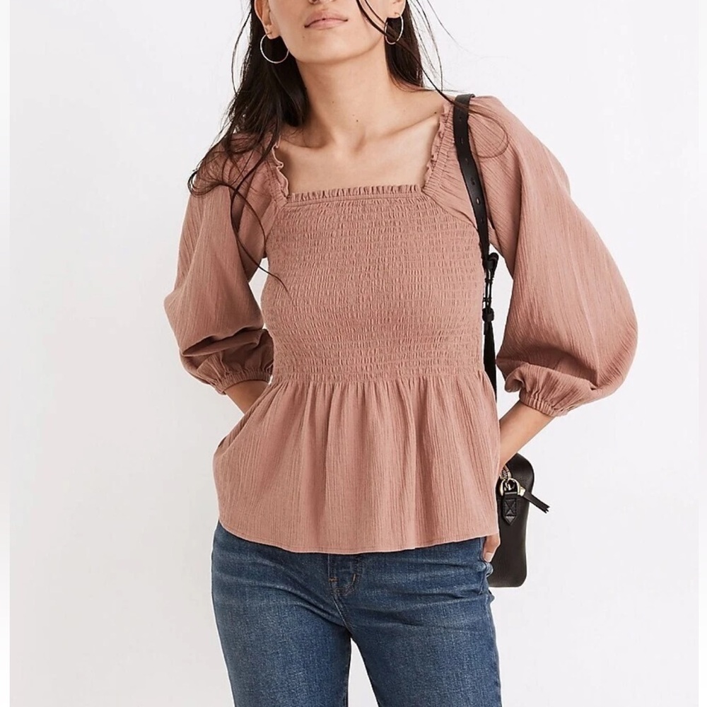 Madewell Mauve Pink Smocked Square-Neck Peplum Blouse